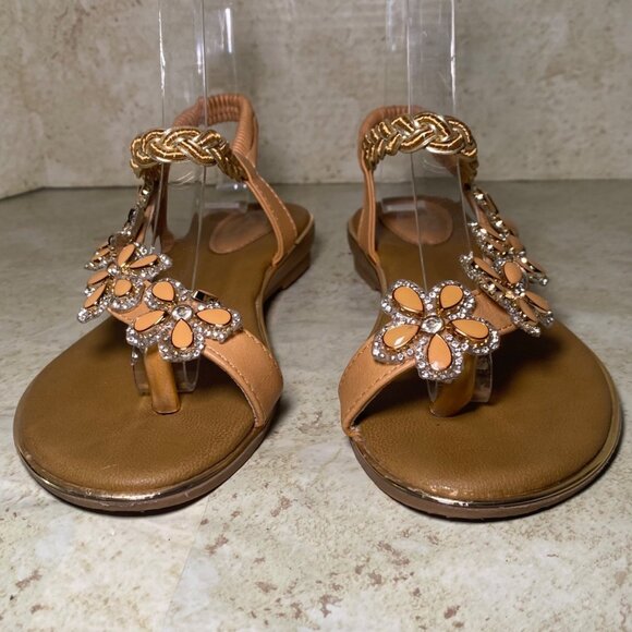 Womens Tan Beaded Floral Sandals Braided Strap Rhinestones Boho Fairy Cottage - Picture 3 of 9